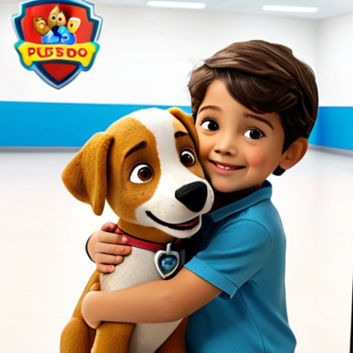 Home 15 ** A heartwarming scene of a child hugging a rescue dog in a bright, welcoming animal shelter. The Paw Patrol pups are subtly present in the background, perhaps as posters or plush toys, to evoke a sense of safety and care. Focus on the emotional connection between the child and the dog.
**