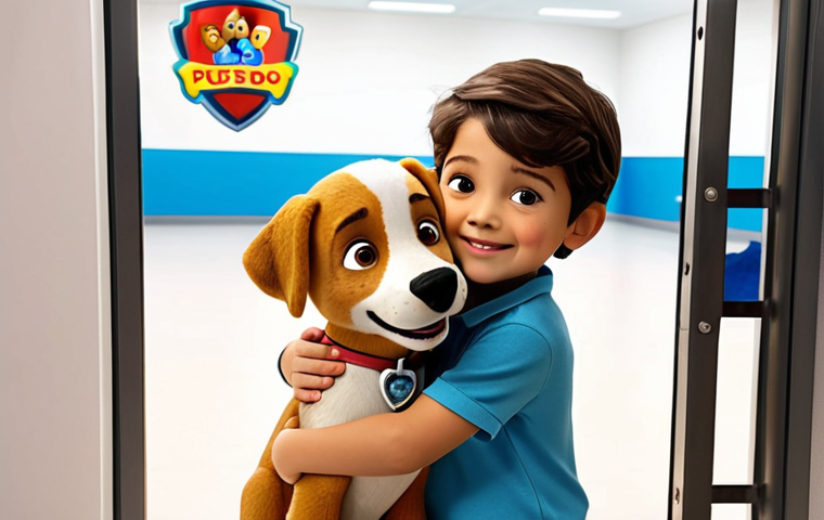 ** A heartwarming scene of a child hugging a rescue dog in a bright, welcoming animal shelter. The Paw Patrol pups are subtly present in the background, perhaps as posters or plush toys, to evoke a sense of safety and care. Focus on the emotional connection between the child and the dog.
**