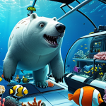 **

A team of animated marine creatures, including a polar bear captain (Barnacles), an orange cat (Kwazii), and a penguin medic (Peso), inside a high-tech submarine exploring a colorful coral reef teeming with diverse sea life. The style should be bright and cheerful, reminiscent of children's animation, with clear details showcasing the different sea creatures and the submarine's interior.

**