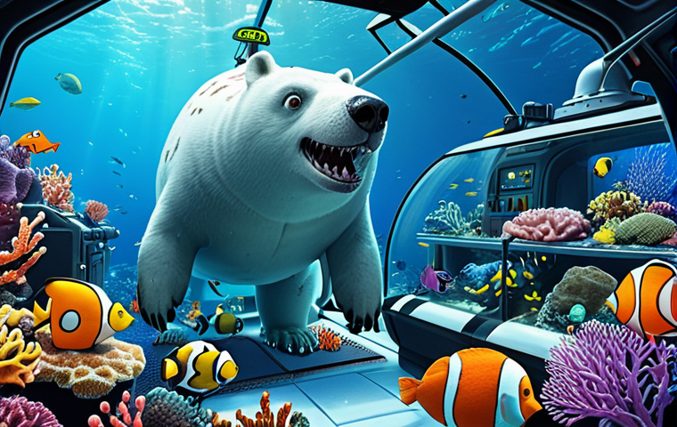 **
A team of animated marine creatures, including a polar bear captain (Barnacles), an orange cat (Kwazii), and a penguin medic (Peso), inside a high-tech submarine exploring a colorful coral reef teeming with diverse sea life. The style should be bright and cheerful, reminiscent of children's animation, with clear details showcasing the different sea creatures and the submarine's interior.
**