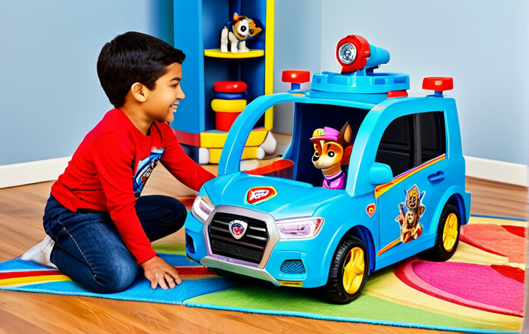 A diverse group of cheerful children, fully clothed in modest, comfortable attire, actively playing with advanced, interactive Paw Patrol toys. The scene features a large, transforming Paw Patrol vehicle with intricate details and a multi-level headquarters playset with functional parts and subtle lights. They are engaged in imaginative rescue scenarios in a modern, brightly lit play area with colorful rugs. Perfect anatomy, correct proportions, well-formed hands, proper finger count, natural body proportions, natural pose. Professional photography, high-quality, vibrant colors, safe for work, appropriate content, fully clothed, family-friendly.