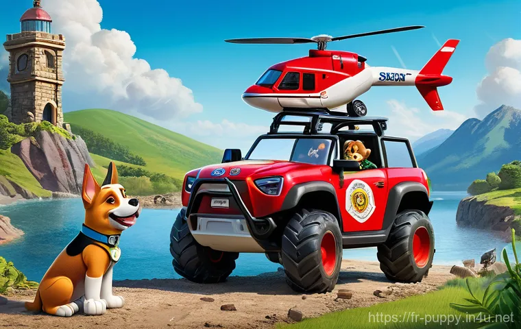 퍼피구조대 스토리 전개 방식 - **Prompt 1: Teamwork in Action**
    "A vibrant, action-packed scene set in Adventure Bay. Ryder, a ...