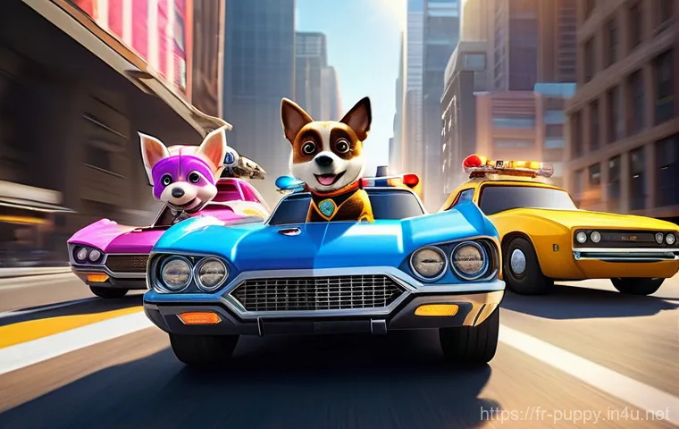 퍼피구조대 기념일 및 이벤트 - **Prompt:** A vibrant and action-packed scene depicting Ryder and the Mighty Pups, including Chase, ...