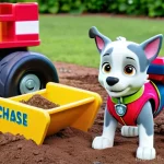 퍼피구조대와 유아 교육의 접점 - **"Teamwork and Innovation in Adventure Bay"**: An vibrant, wide-angle illustration of the Paw Patro...