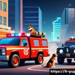 퍼피구조대와 관련된 법적 논란 - A visually rich illustration in a dynamic, modern animation style. In the foreground, a diverse grou...