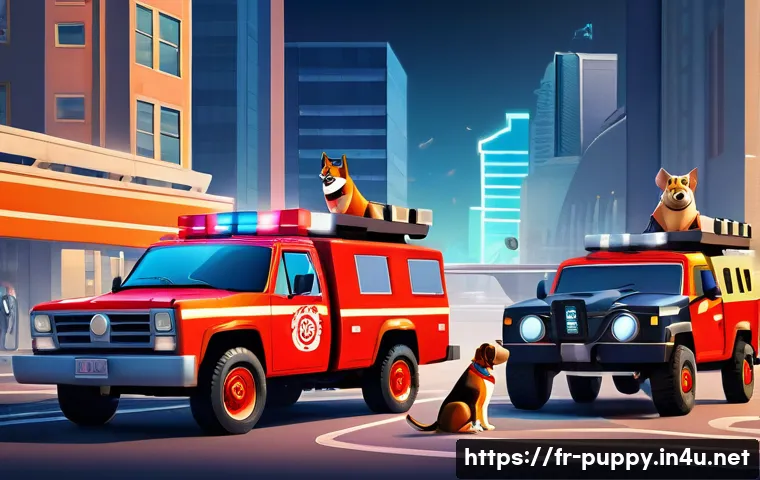 퍼피구조대와 관련된 법적 논란 - A visually rich illustration in a dynamic, modern animation style. In the foreground, a diverse grou...