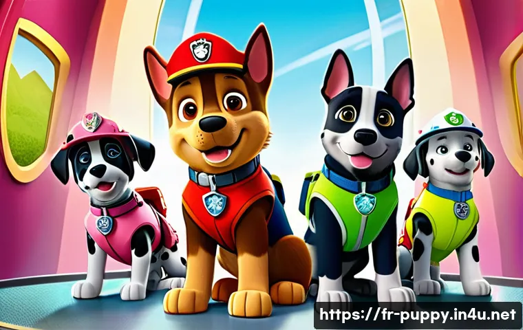 퍼피구조대 캐릭터 개발 과정 - **Prompt 1: Team at the Lookout**
    "A vibrant, high-energy cartoon illustration of the entire PAW...