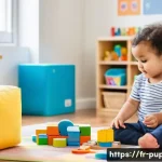 퍼피구조대 학부모 리뷰 - A bright and cheerful indoor classroom setting with toddlers aged around 2-4 years wearing colorful ...