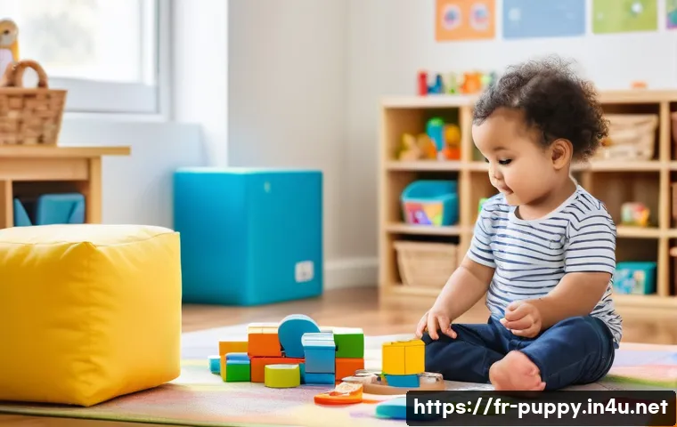 퍼피구조대 학부모 리뷰 - A bright and cheerful indoor classroom setting with toddlers aged around 2-4 years wearing colorful ...