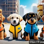 퍼피구조대 팬들의 리뷰 - A vibrant and colorful scene featuring a group of animated puppy heroes in action, each with distinc...