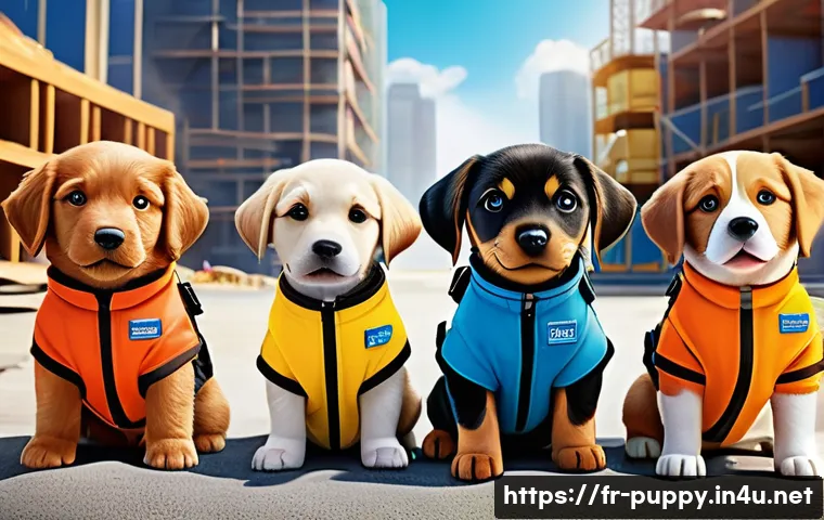퍼피구조대 팬들의 리뷰 - A vibrant and colorful scene featuring a group of animated puppy heroes in action, each with distinc...