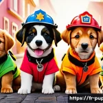 퍼피구조대의 색채 디자인 - A vibrant and dynamic scene featuring a group of colorful animated puppies, each wearing distinct, b...