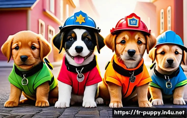 퍼피구조대의 색채 디자인 - A vibrant and dynamic scene featuring a group of colorful animated puppies, each wearing distinct, b...