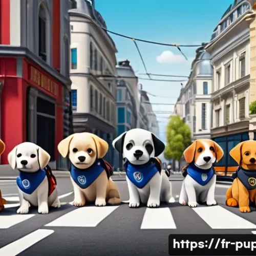 퍼피구조대 줌머 활동 영역 - A vibrant urban city center scene featuring a diverse group of animated rescue puppies dressed in co...