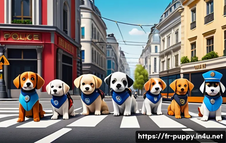 퍼피구조대 줌머 활동 영역 - A vibrant urban city center scene featuring a diverse group of animated rescue puppies dressed in co...