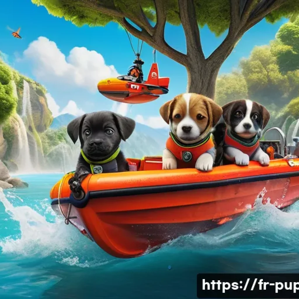 퍼피구조대 주요 에피소드 - A vibrant scene depicting a diverse group of animated rescue puppies wearing colorful uniforms and g...