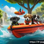 퍼피구조대 주요 에피소드 - A vibrant scene depicting a diverse group of animated rescue puppies wearing colorful uniforms and g...