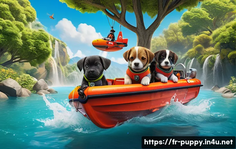 퍼피구조대 주요 에피소드 - A vibrant scene depicting a diverse group of animated rescue puppies wearing colorful uniforms and g...