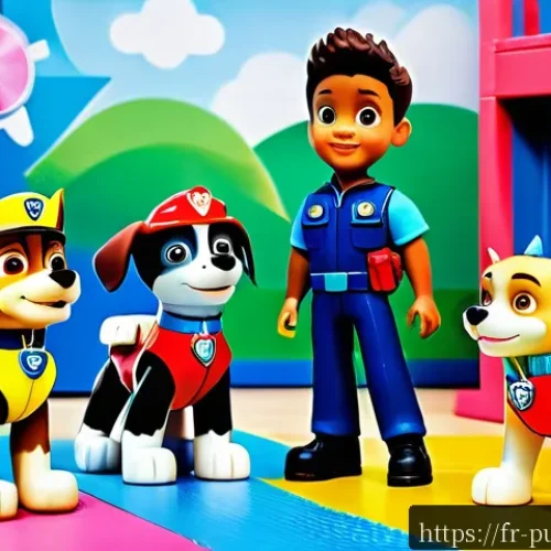 퍼피구조대 최신 장난감 시리즈 - A highly detailed scene of articulated Paw Patrol figurines posed dynamically on a colorful play mat...
