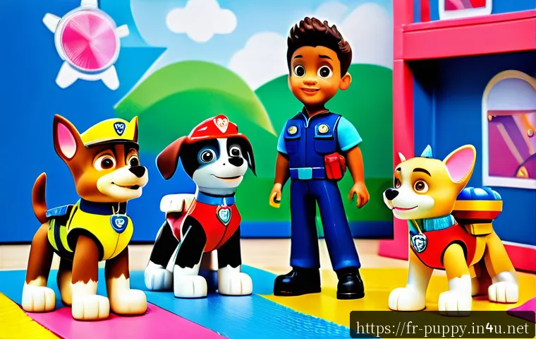 퍼피구조대 최신 장난감 시리즈 - A highly detailed scene of articulated Paw Patrol figurines posed dynamically on a colorful play mat...