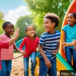 퍼피구조대의 문화적 영향 - A vibrant scene of a diverse group of children aged around 5-7, playing cooperatively in a sunny pla...