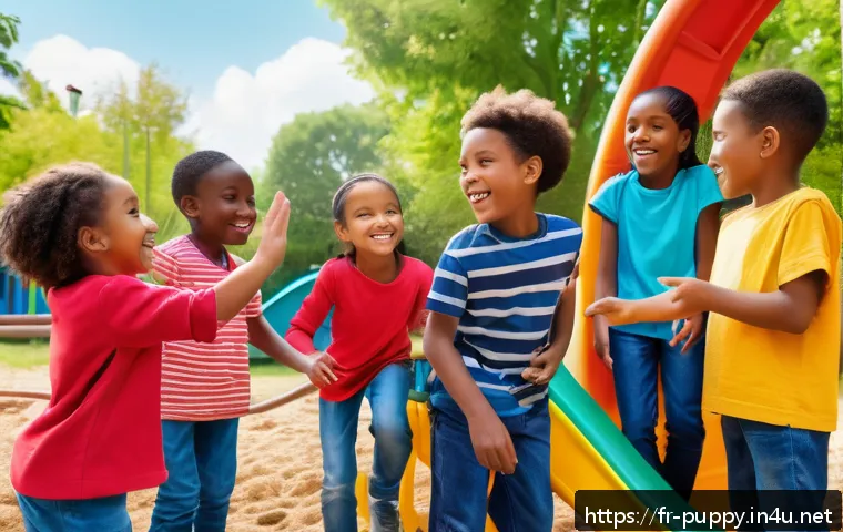 퍼피구조대의 문화적 영향 - A vibrant scene of a diverse group of children aged around 5-7, playing cooperatively in a sunny pla...