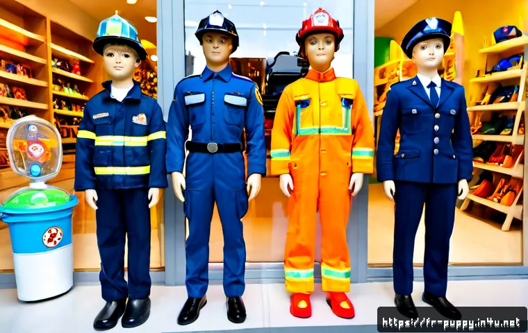 퍼피구조대 캐릭터별 코스튬 - Photorealistic family costume display in a bright French toy boutique, six colorful generic rescue-p...