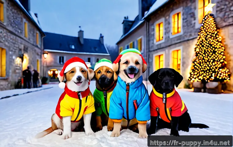 퍼피구조대 크리스마스 스페셜 - Photorealistic Christmas scene with four cheerful rescue puppies wearing colorful winter jackets and...