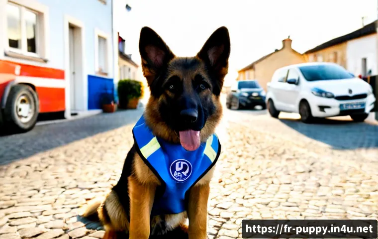 퍼피구조대 체이스 캐릭터 분석 - Photorealistic German Shepherd rescue puppy wearing a simple blue safety patrol vest with no logo, s...
