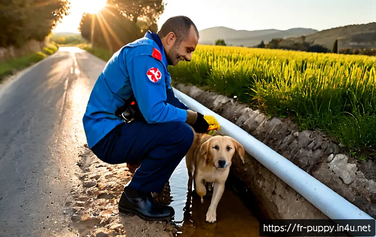 Home 17 퍼피구조대와 동물 구조 이슈 - Photorealistic French animal rescue scene, a friendly small patrol-style rescue team in plain red an...